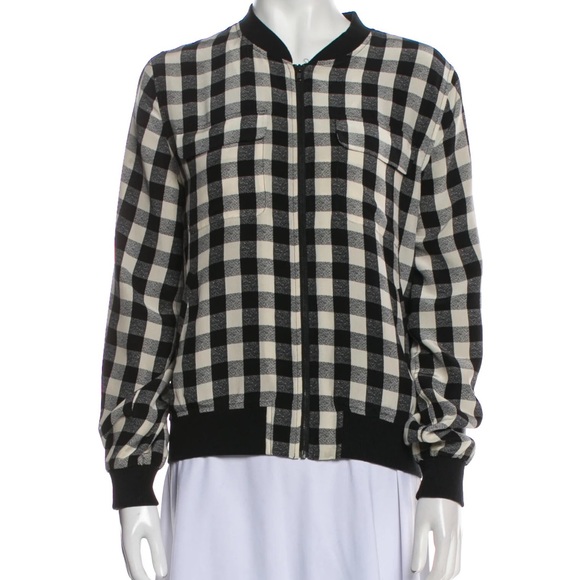 Equipment Femme Jacket Womens XS Black Cream Silk Plaid Aviator Bomber Zip Crop - Picture 1 of 6